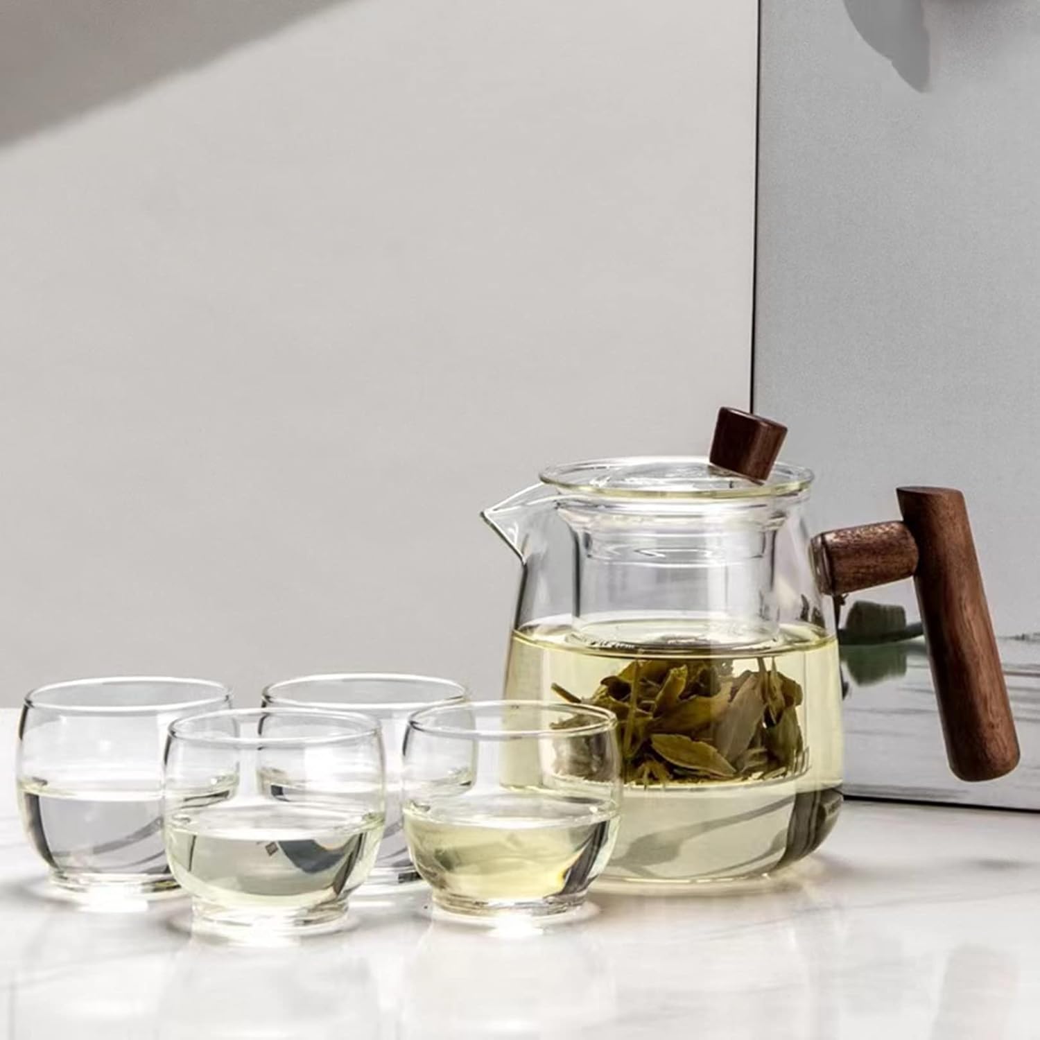 ガラス製 きゅうす ガラスティーポット 透明 茶こし付き 分離式 カップセット 蓋付き 水出し 保温保冷 ..