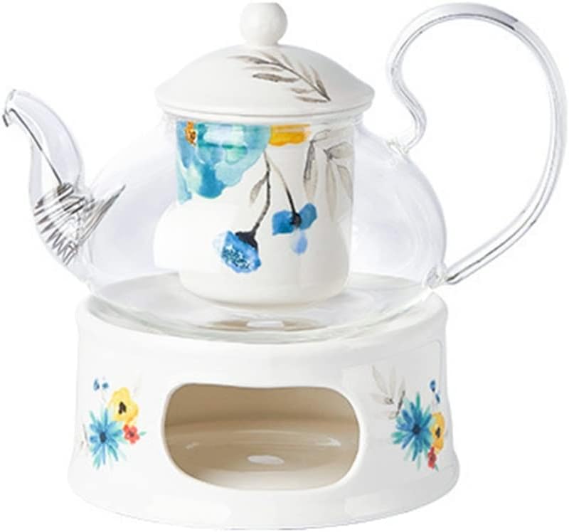セラミック 茶器 ガラスポット ティーポット 透明 茶こし付き 花柄 蓋付き 燭台セット フランス風 水出..