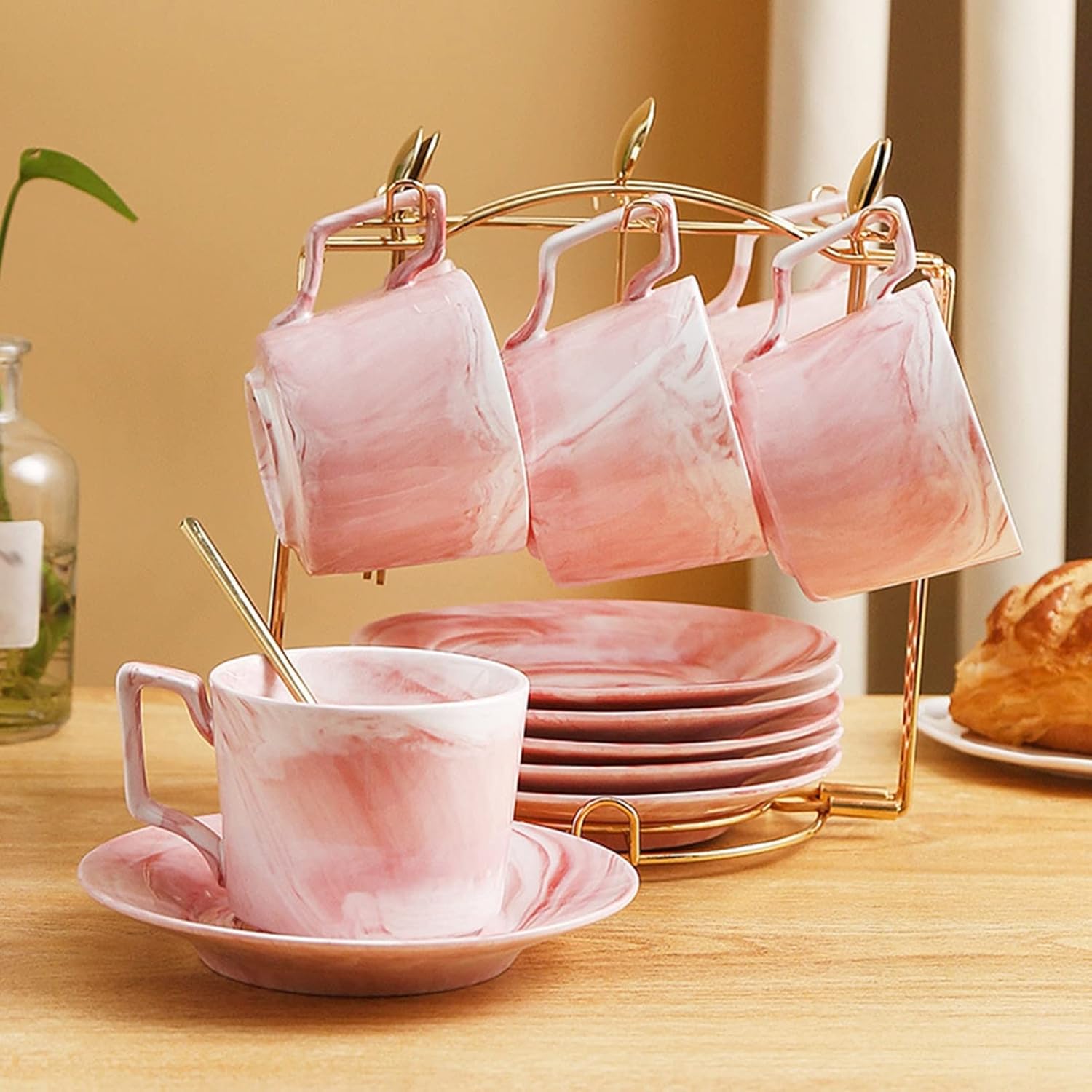 1客?2客?6客セット カップ＆ソーサー＆匙 ティーカップセット マーブル柄 ボーンチャイナ ドリンクカップ 北欧風 皿セット 来客 オフィス用 母の日 女性 ギフト 水 お茶 珈琲 アイスティー エ