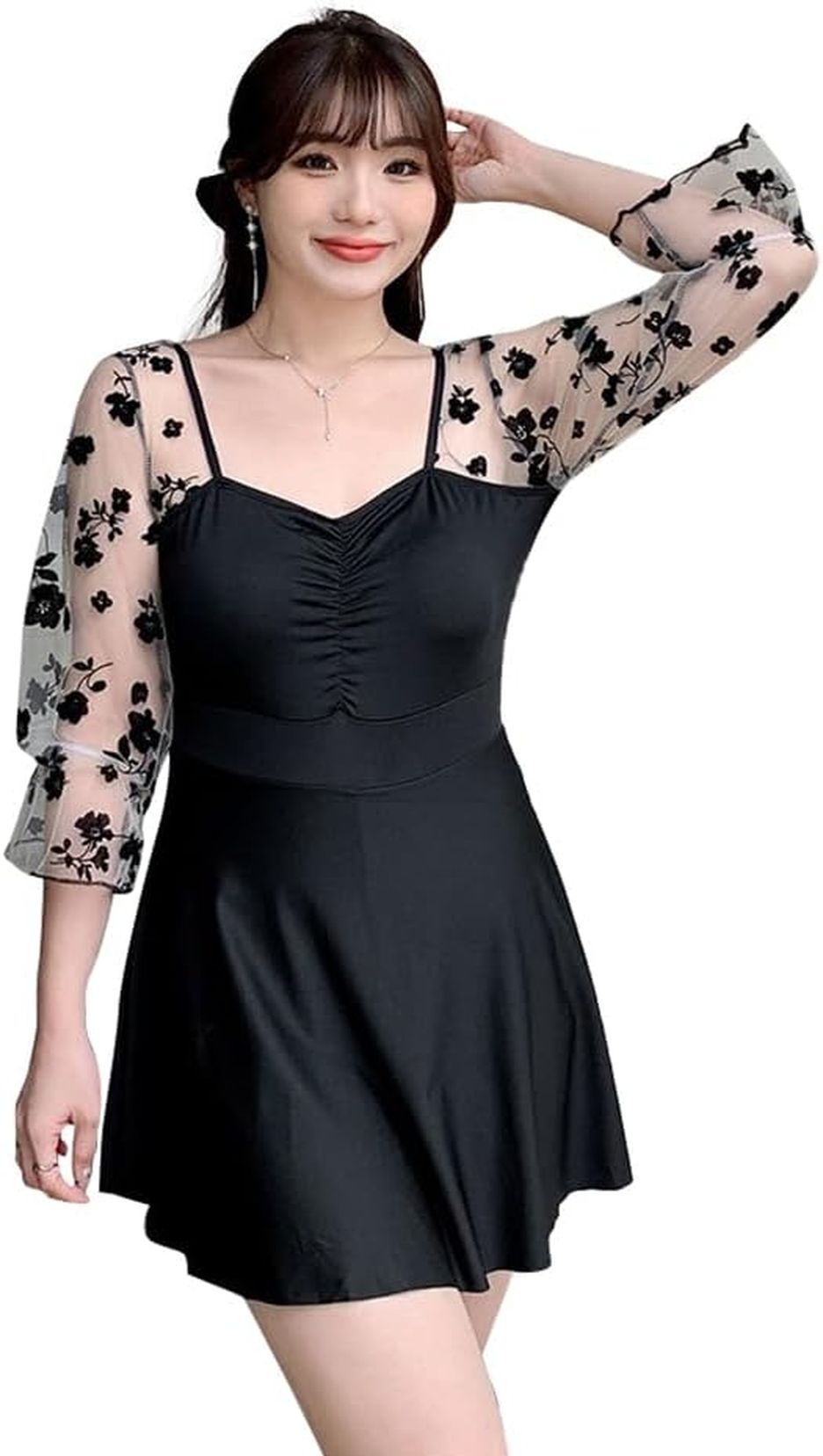 水着 レディース 大きいサイズ ワンピース 七分袖 体型カバー 無地 パーフスリーブ ハイウエスト パッド付き ママ 韓国 水陸両用 水泳 M-4XL 夏 おしゃれ 夏 ラッシュガード かわいい スポ