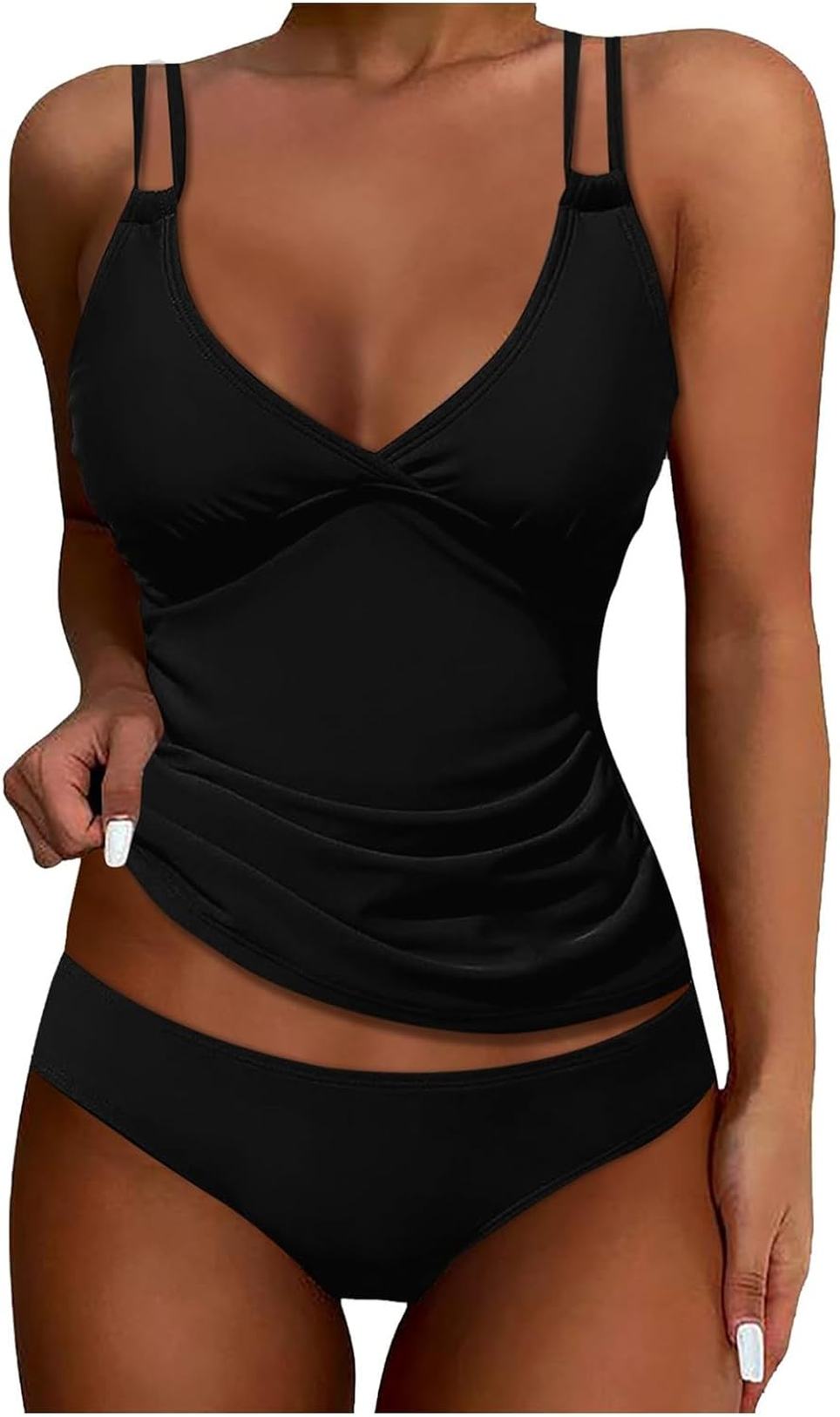 レディース 水着 体型カバー タンキニ ビキニ スイムウェア 水着 女性用ソリッドカラースプリット水着..