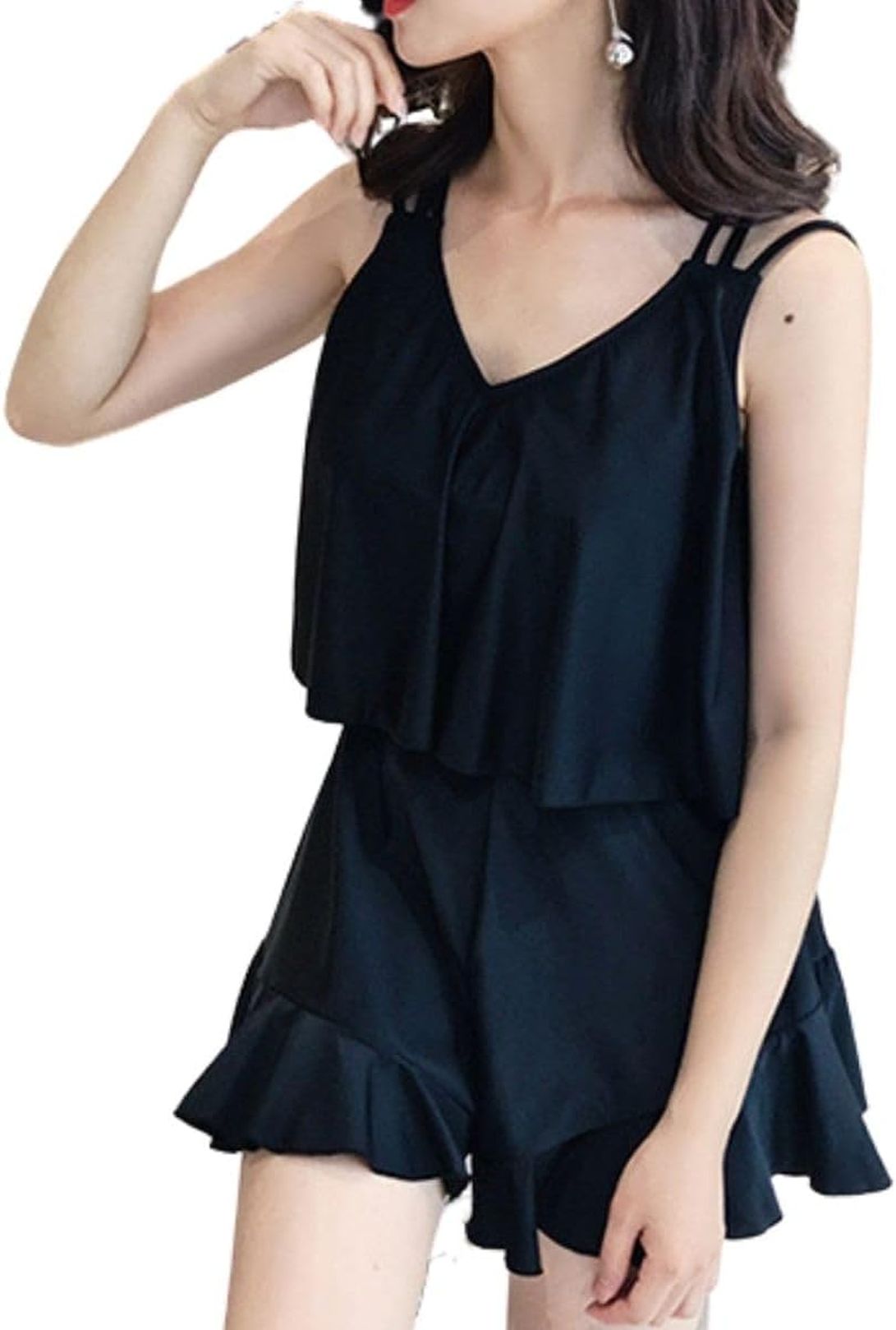 水着 レディース 体型カバー ワンピース オールインワン オフショルダー フレア 大きいサイズ 女性用水着 ブラック 可愛い おしゃれ セクシー カバーアップ水着 ェア 水泳服 女性 練習用