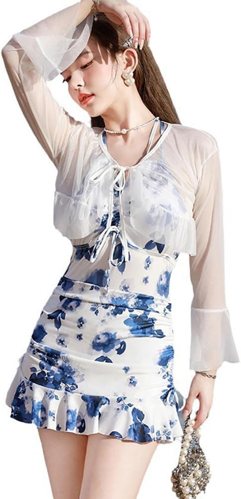 水着 レディース ワンピース水着 オールインワン フレアスカート レーススリーブ 花柄 体型カバー 胸パッド付き 上品 露出控えめ 女性用 おしゃれ 砂遊び 温泉 海水浴 旅行