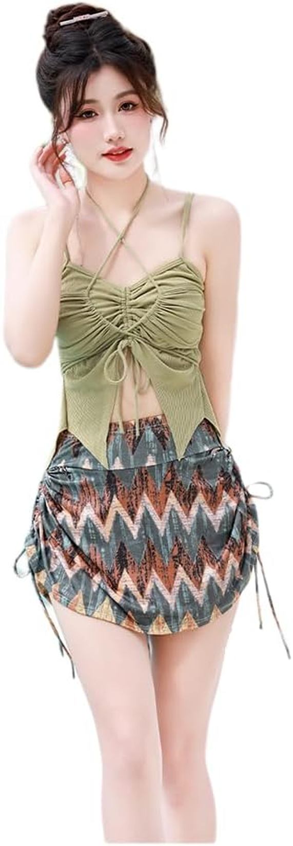 水着 レディース ビキニ ハイウエスト パッド付き 体型カバー ビスチェ風 大きいサイズ 2点セット バスト盛れる ワイヤー フレア フリル かわいい 水陸両用 温泉 旅行