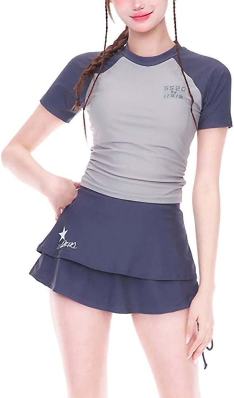 水着 レディース水着 水着セパレート 水陸両用 フィットネス 3点セット水着 高校生 おしゃれ 体型カバー スカート シンプル 韓国 ダブルフリル 半袖 可愛い お洒落 可愛い セクシー 女性 着痩せ