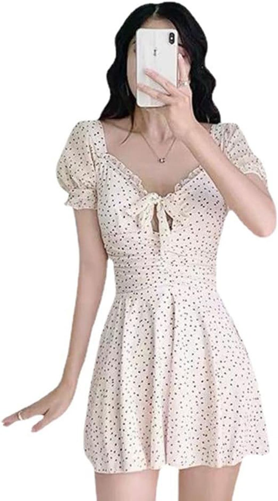 ワンピース水着 レディース 半袖 水玉模様 プリーツ バイカラー Uネック パット付き 露出控えめ リボン飾り バスト盛れる 薄手 裏地付き ランタンスリーブ ホルターネック ビーチウエア 体型カバー