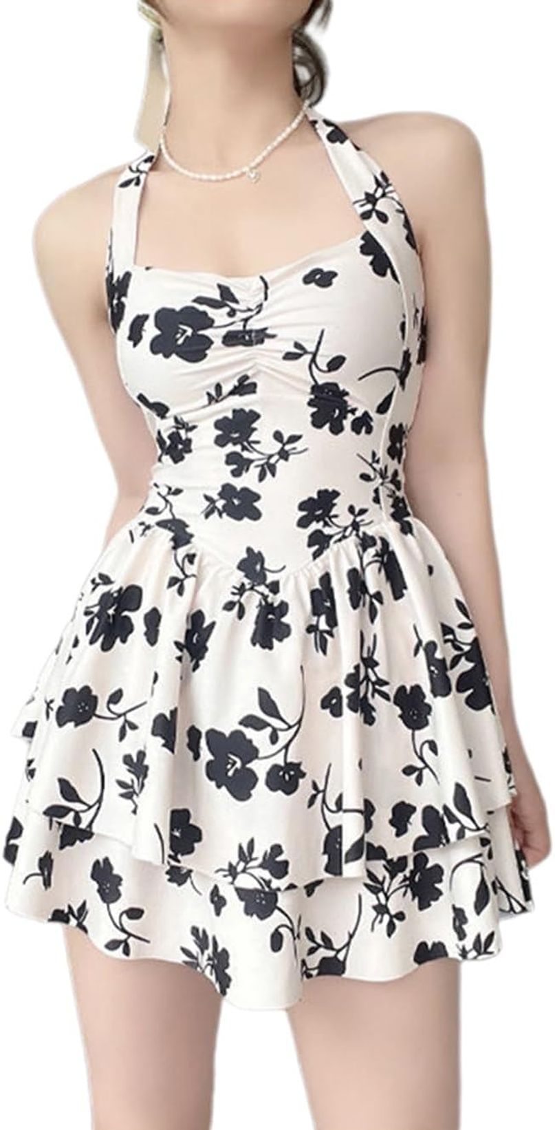 ワンピース水着 レディース ノースリーブ バイカラー 花柄 キャミソール プリーツ 薄手 速乾性 肩出し パット付き 体型カバー 水陸両用 着痩せ バスト盛れる 可愛い 女子力 露出控えめ ハイウエス