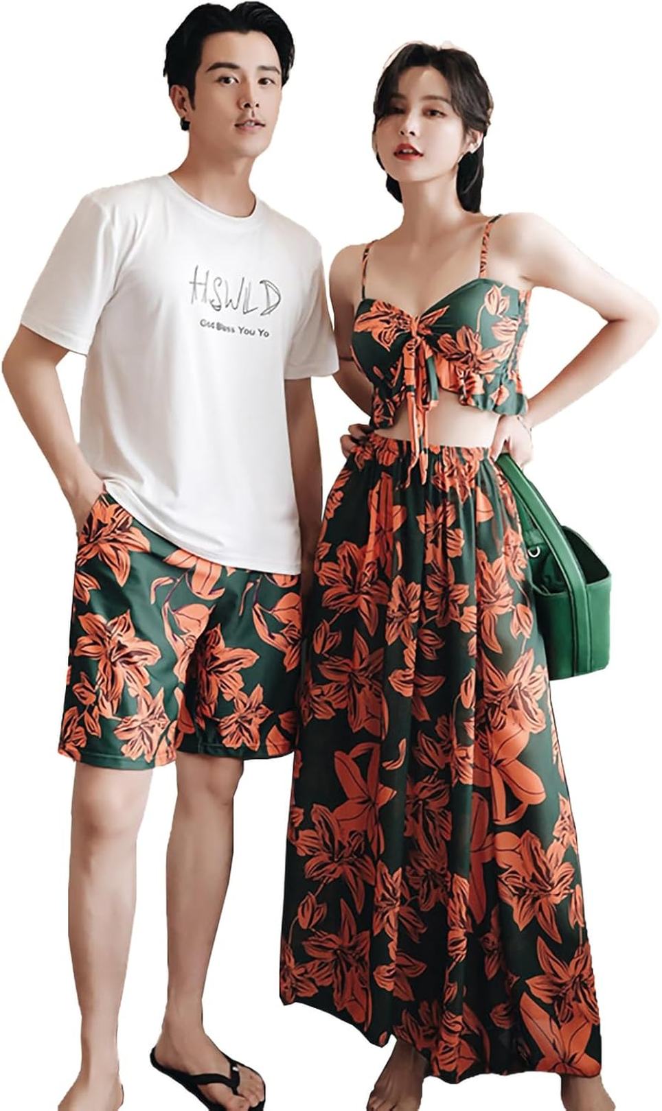 ペア 水着 カップル 体型カバー タンキニ スカート付き メンズ ビーチパンツ サーフパンツ エスニック柄 オレンジ プール 海外旅行 蜜月 ミズギ 新婚旅行 ハネムーン