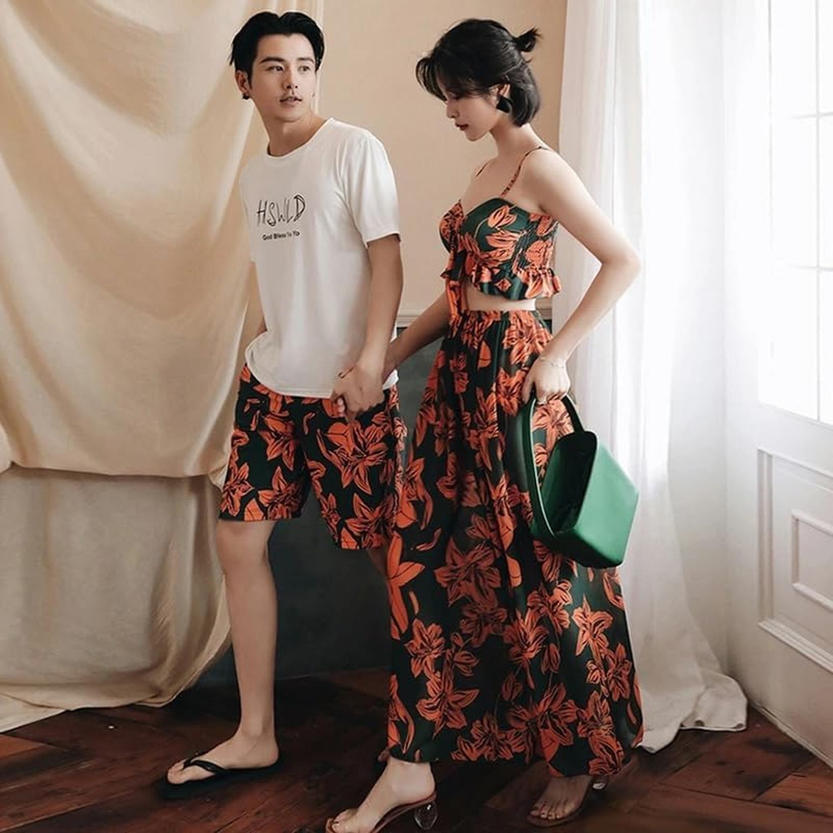 ペア 水着 カップル 体型カバー タンキニ スカート付き メンズ ビーチパンツ サーフパンツ エスニック柄 オレンジ プール 海外旅行 蜜月 ミズギ 新婚旅行 ハネムーン