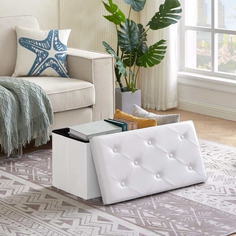 収納スツール オットマン 収納ベンチ 収納ボックス 幅76*奥行き38*高さ38CM 耐荷重120kg 折り畳み可能 リビング/玄関/寝室適用 おもちゃ箱 洋服収納 化粧品収納ボックス 白 [2]