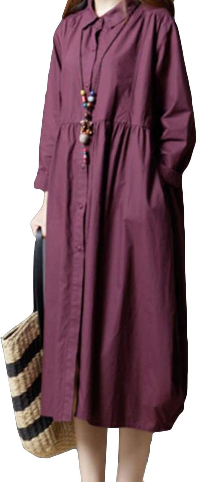 レディース ワンピース 夏 綿麻 ゆったり チュニック ドレス 体型カバー韓国風 無地 長袖 リネンワンピース aライン シンプル ロングワ..