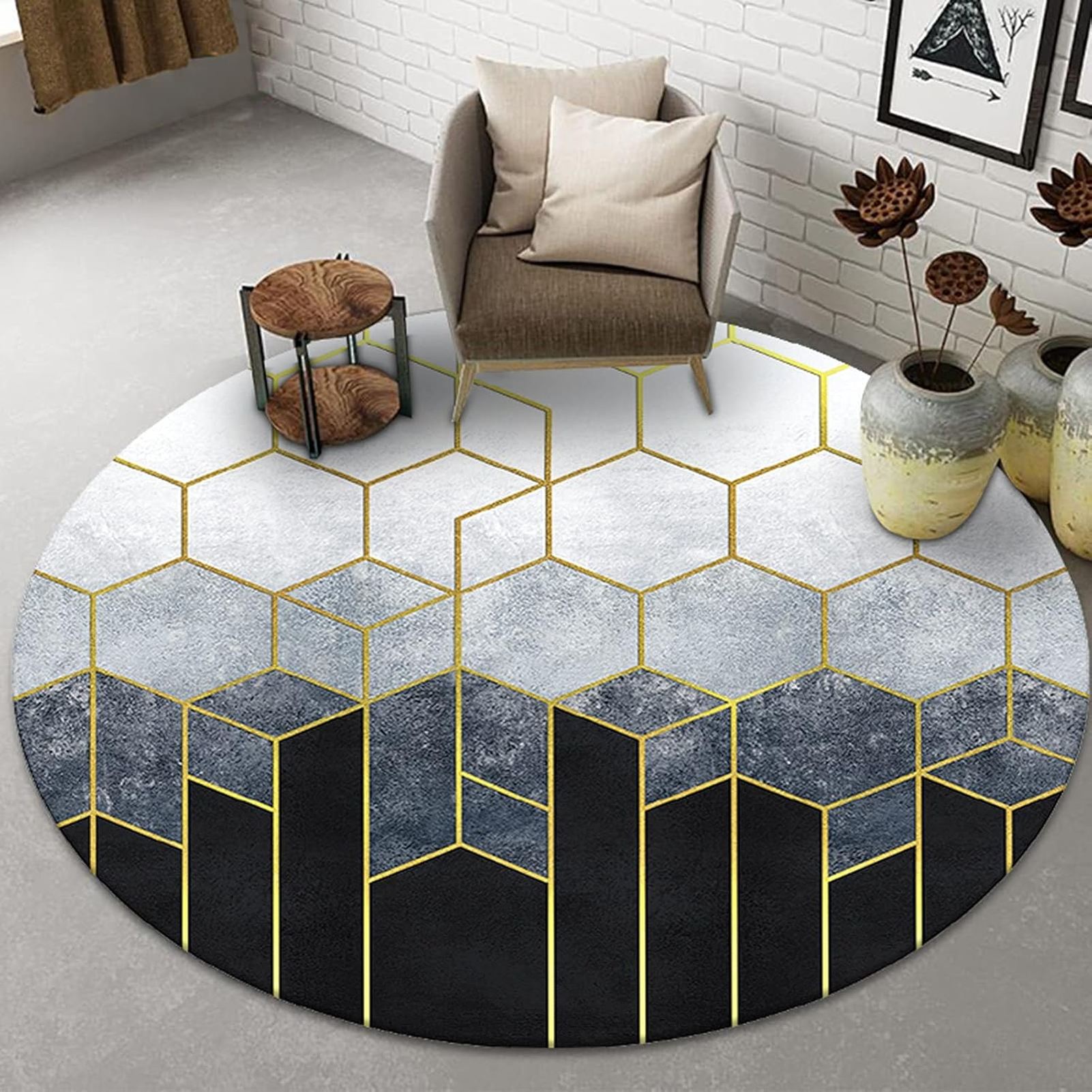 チェアマット ジオメトリラウンドエリアラググレーブルー円形カーペットリビングルームベッドルームベ..