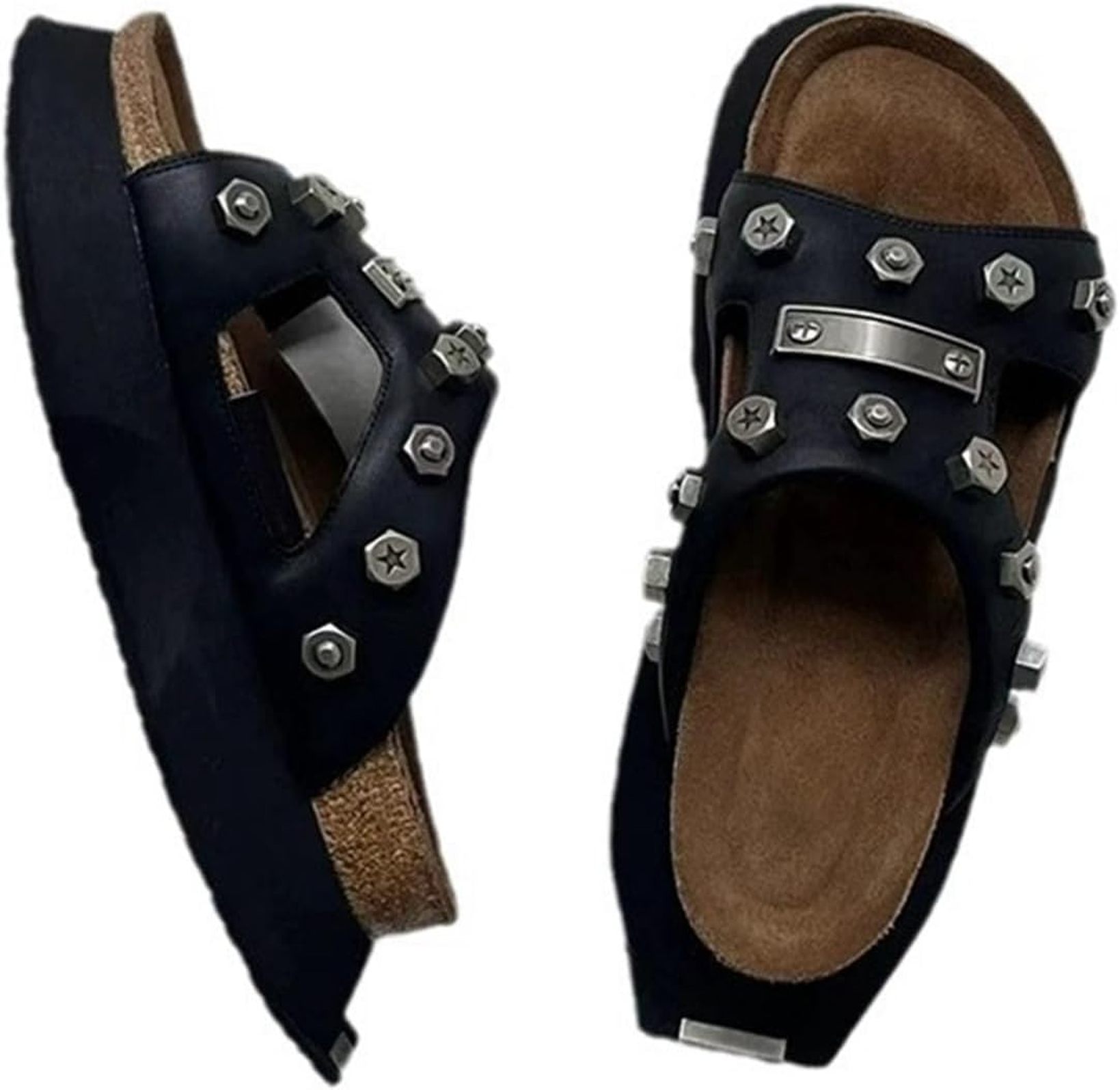 サンダル スリッパリベット レディース 本革 ミュール 厚底 パンク系 プラットフォーム カジュアル フ..