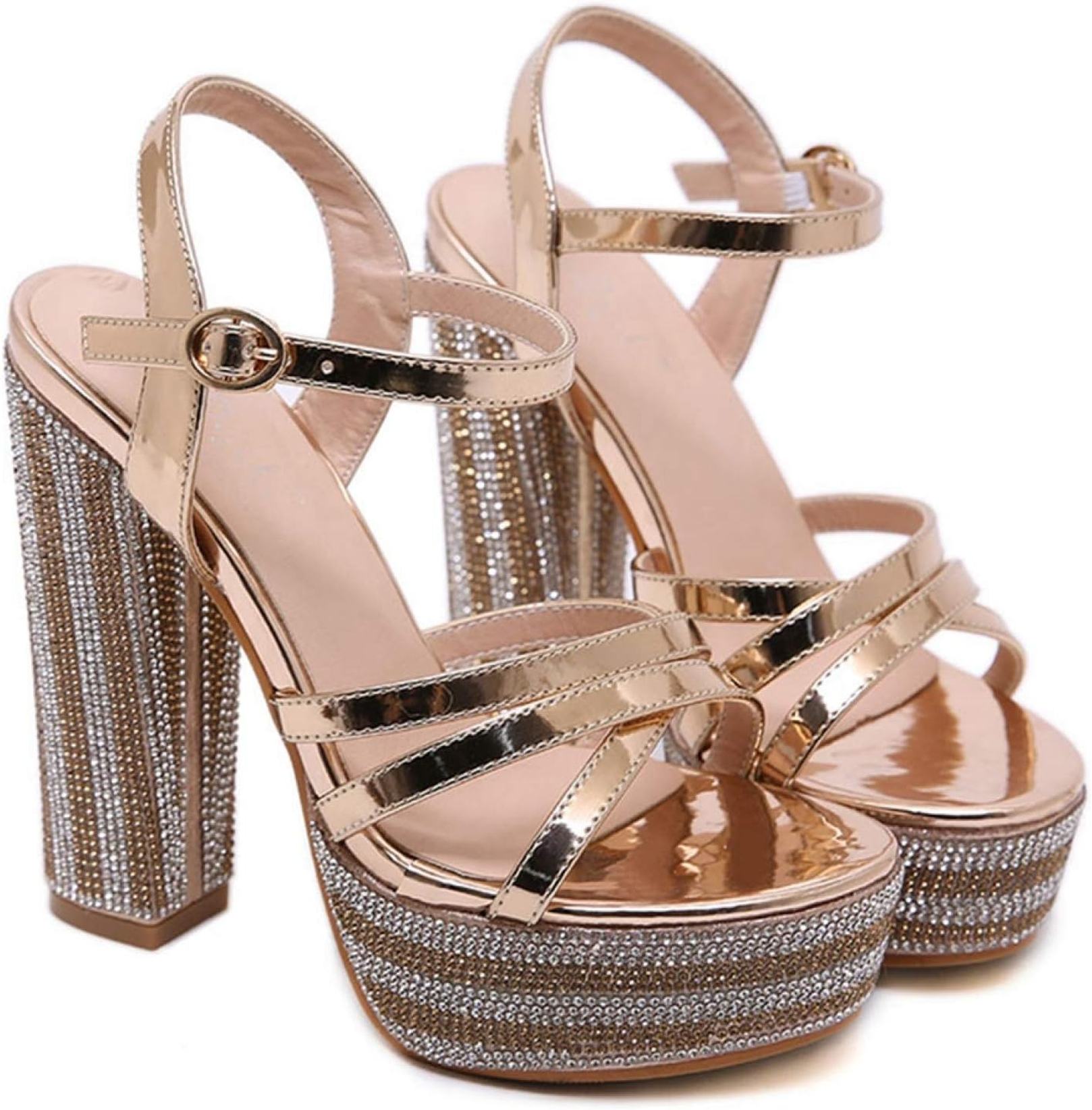 ハイヒール サンダル ストラッ ビジュー 美脚 14cmヒール レディース キャバ 厚底 エナメル ドレス用 シューズ 派手 セクシー 前厚 歩きやすい 脱げない チャンキーヒール ラインストーン付き