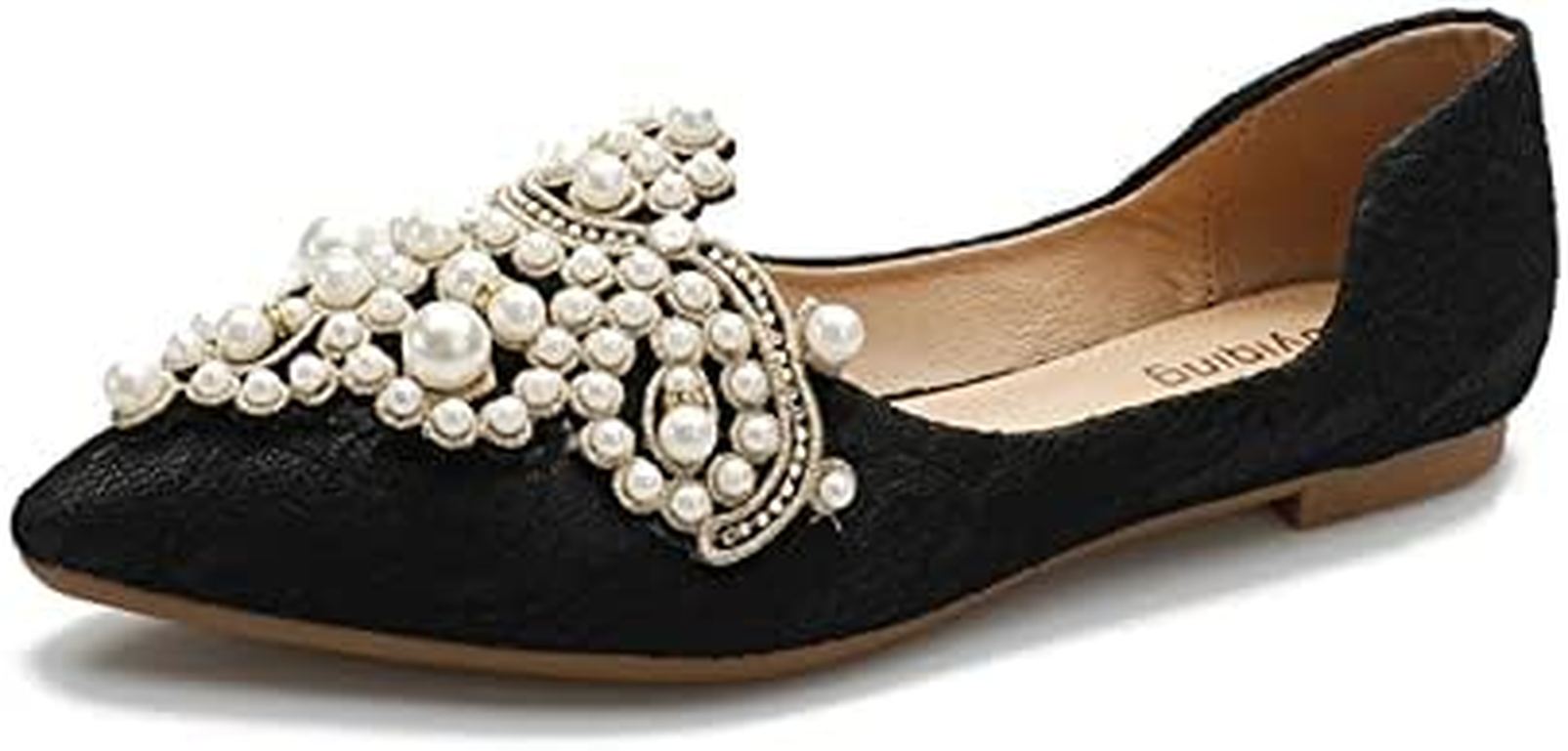 パンプス フラットシューズ ローヒール レディース 滑り止め 履きやすい 疲れない フラットシューズ カジュアル フォーマル おしゃれ レース パール飾り ポインテッドトゥ ブラック ベージュ