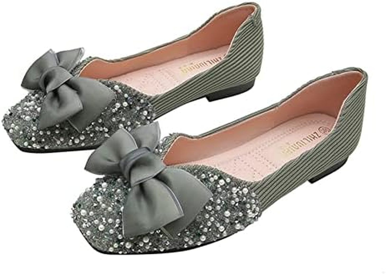 パンプス フラットシューズ スクエアトゥ レディース ローヒール 滑り止め 履きやすい 疲れない 快適 スリッポン 美脚 着回し カジュアル フォーマル パール飾り 4色展開 おしゃれ リボン