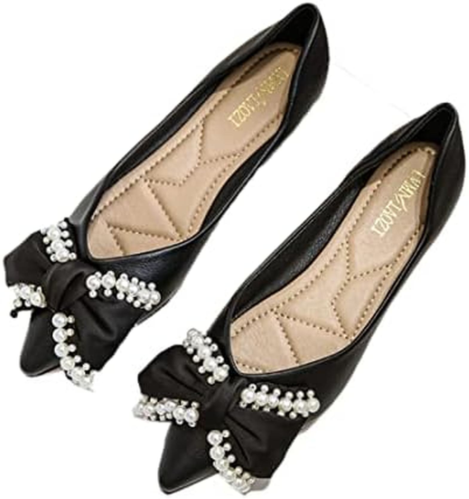 パンプス フラットシューズ ローヒール ぺたんこ靴 レディース バレエシューズ リボン パール付き 可愛い 甲浅 ポインテッドトゥ 通気性 低反発 ママ カジュアルシューズ 小さいサイズ 妊婦 幅広い