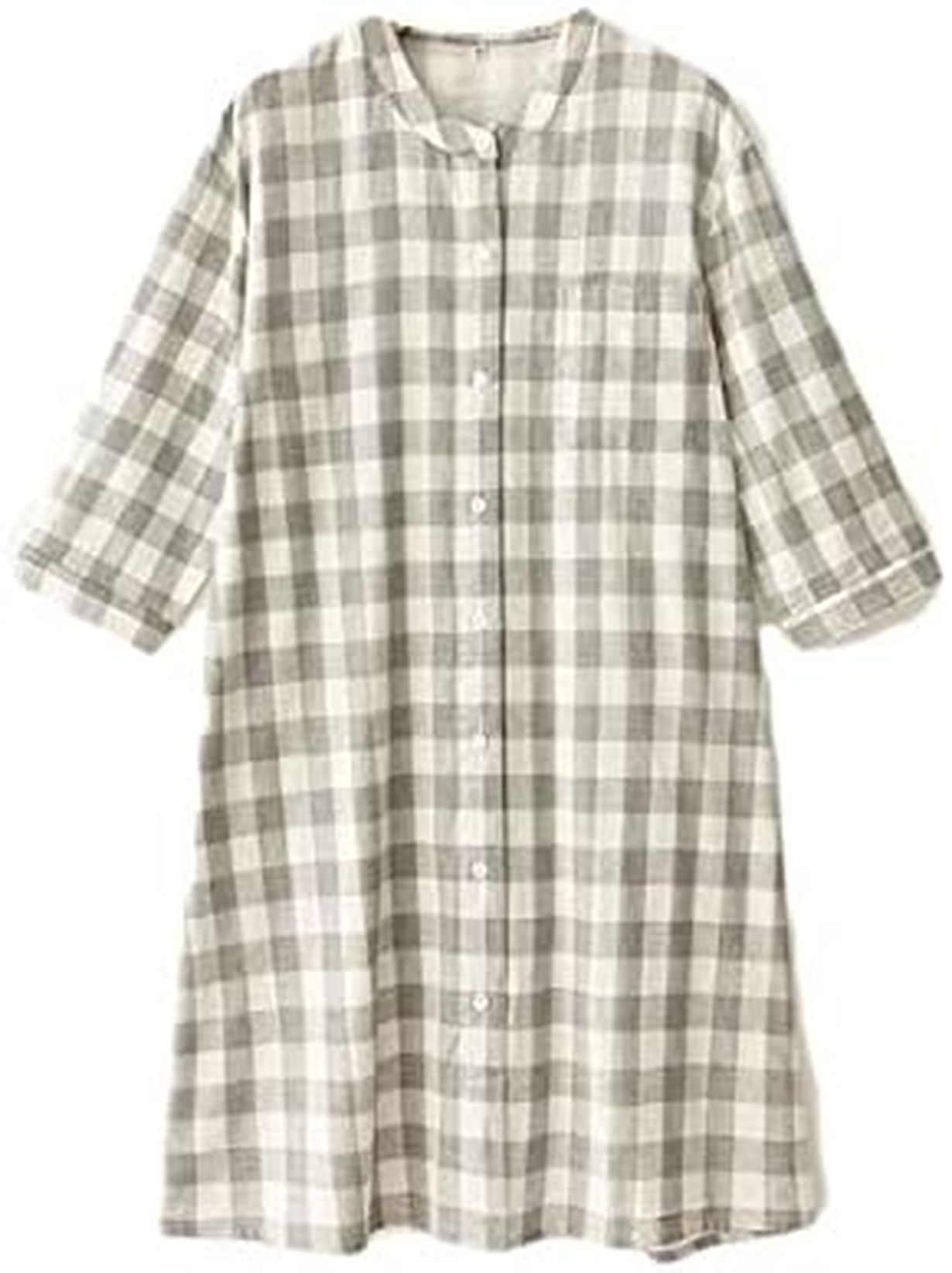 ネグリジェ パジャマ レディース 七分袖 チェック ネグリジェ 前開き ネグリジェナイトガウン ルームウェア ローブ ガウン シンプル ルームウェア 部屋着 ボタン やわらか ゆったり 襟なし ソフト