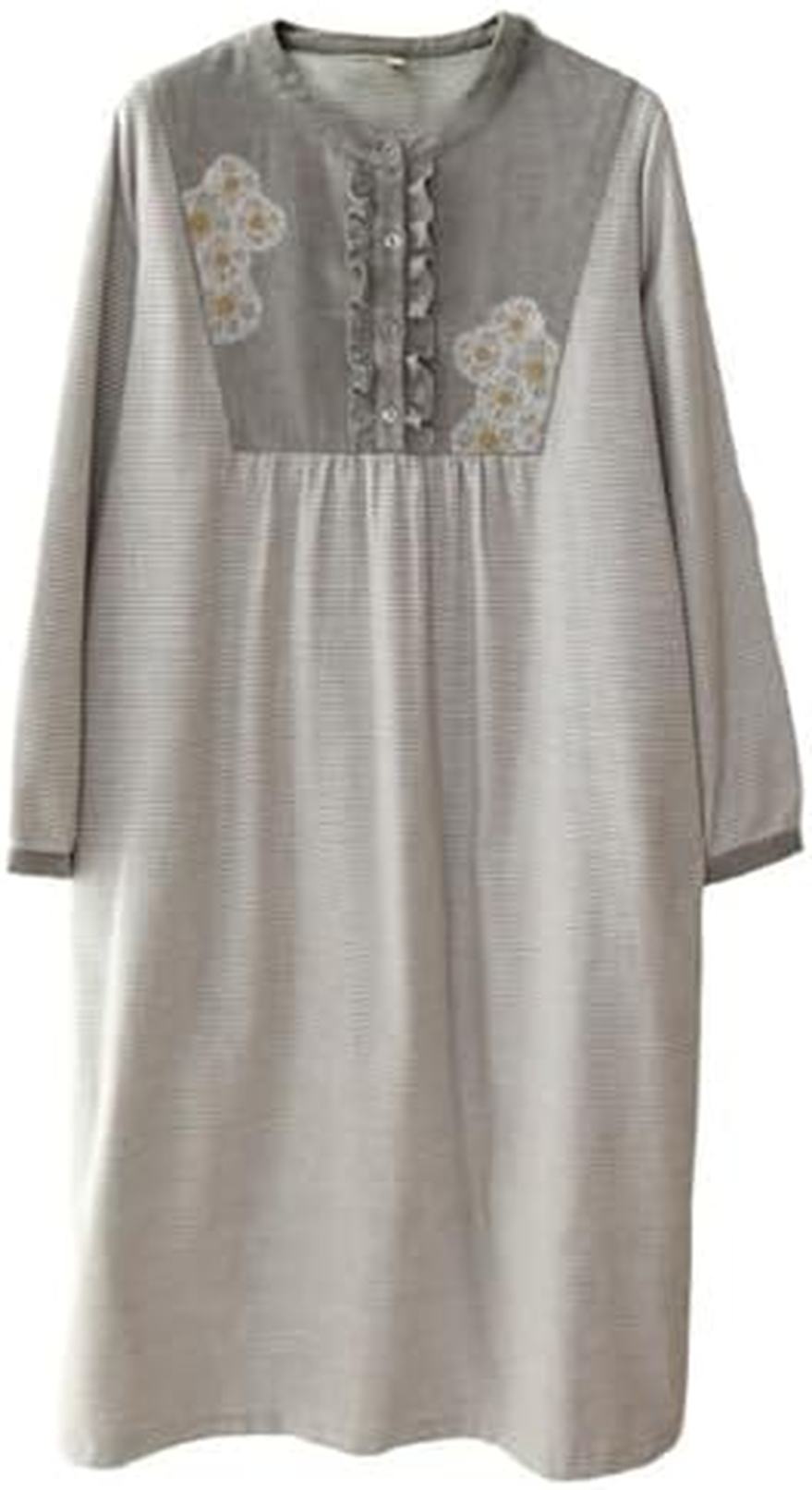 楽天大森麗萱花柄刺繍 ルームワンピース 長袖 ネグリジェ パジャマ レディース フリル 可愛い チェク柄 衿なし ナイトウェア ロングワンピース 吸汗 通気 吸湿 グレー ゆったり 部屋着 妊婦 夏 秋 春 敏感