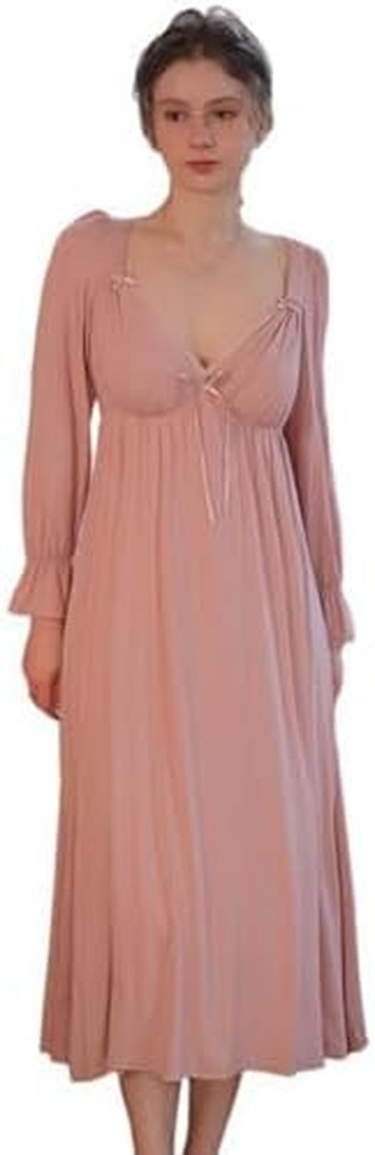 ネグリジェ 長袖 姫系 ワンピースパジャマ ブラパッド入り モダール ロング 春夏 ルームワンピース お姫様 レースフリル レディース 通気 ふんわり エレガント ナイトドレス ピンク ロングワンピー