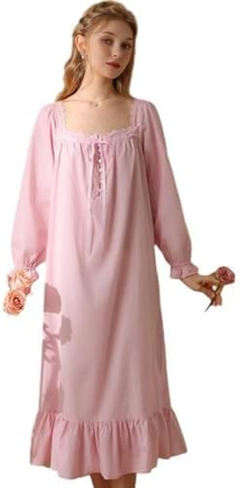 姫系 ルームワンピース 綿 半袖 長袖 レディース レースフリル ネグリジェ 可愛い ロングワンピース レース 襟フリル 寝巻き ナイトドレス エレガント ゆったり 敏感肌 ピンク長袖 部屋着 婦人
