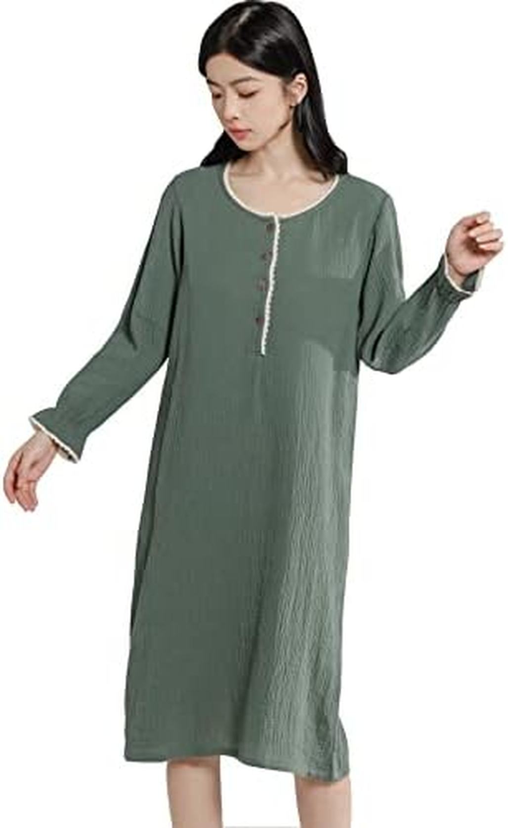 パジャマ レディース ワンピース ?袖 綿 二重ガーゼ ロング丈 寝間着 ルームワンピース ネグリジェ 部屋着 かわいい ゆったり 春夏秋 M 無地 肌に優しい