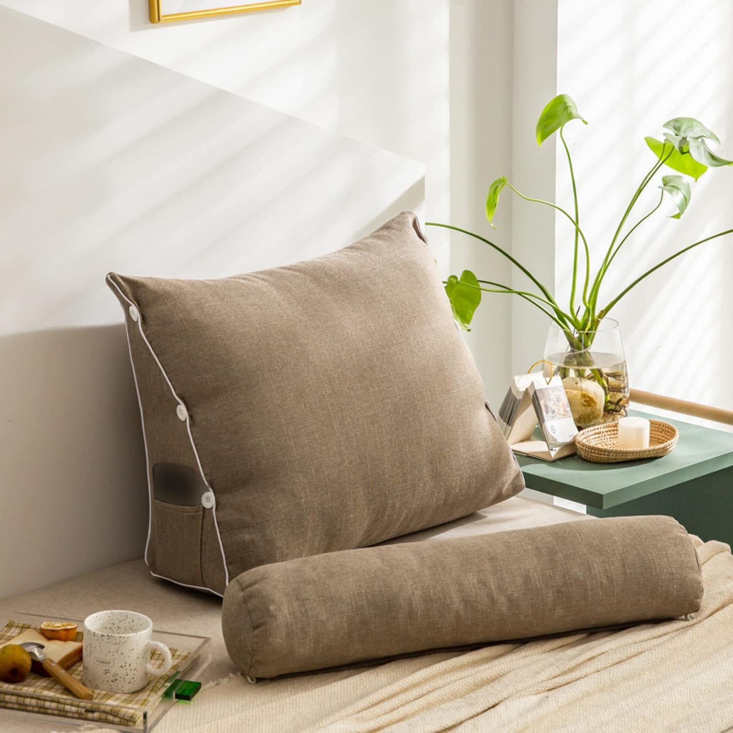 ベッドレスト クッション 読書枕 腰枕 腰当て ネックピロー 60*50*20cm 背当て バックパッド 三段階調整 筒型枕付き ベッド用 テレビ ゴロ寝 クッション 低反発 取り外し可能 洗えるカバ