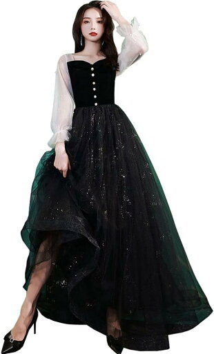 レディース パーティー ドレス イブニングドレス カクテルドレス ワンピース ロングドレス 長袖ドレス チュールワンピース ファッション エレガント フォーマル スパンコール マキシ丈 演奏会 パーテ