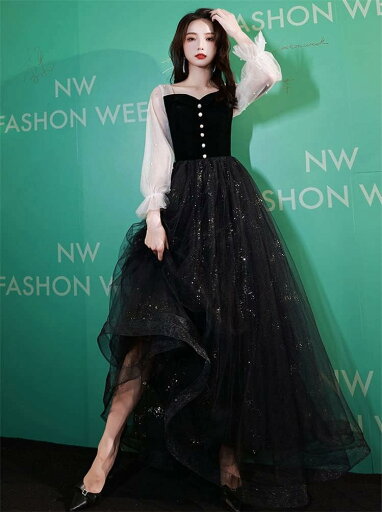 レディース パーティー ドレス イブニングドレス カクテルドレス ワンピース ロングドレス 長袖ドレス チュールワンピース ファッション エレガント フォーマル スパンコール マキシ丈 演奏会 パーテ