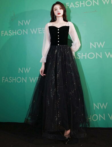 レディース パーティー ドレス イブニングドレス カクテルドレス ワンピース ロングドレス 長袖ドレス チュールワンピース ファッション エレガント フォーマル スパンコール マキシ丈 演奏会 パーテ