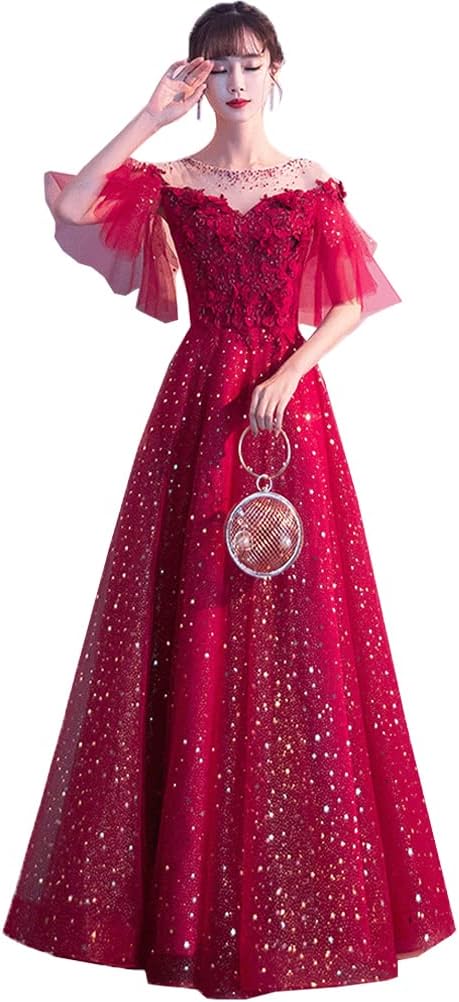 レディース ドレス ワンピース イブニングドレス ウェディングドレス ロングワンピース チュールワンピース 花嫁ワンピース フォーマル 星空 エレガント 結婚式 パーティー 演奏会 レッド