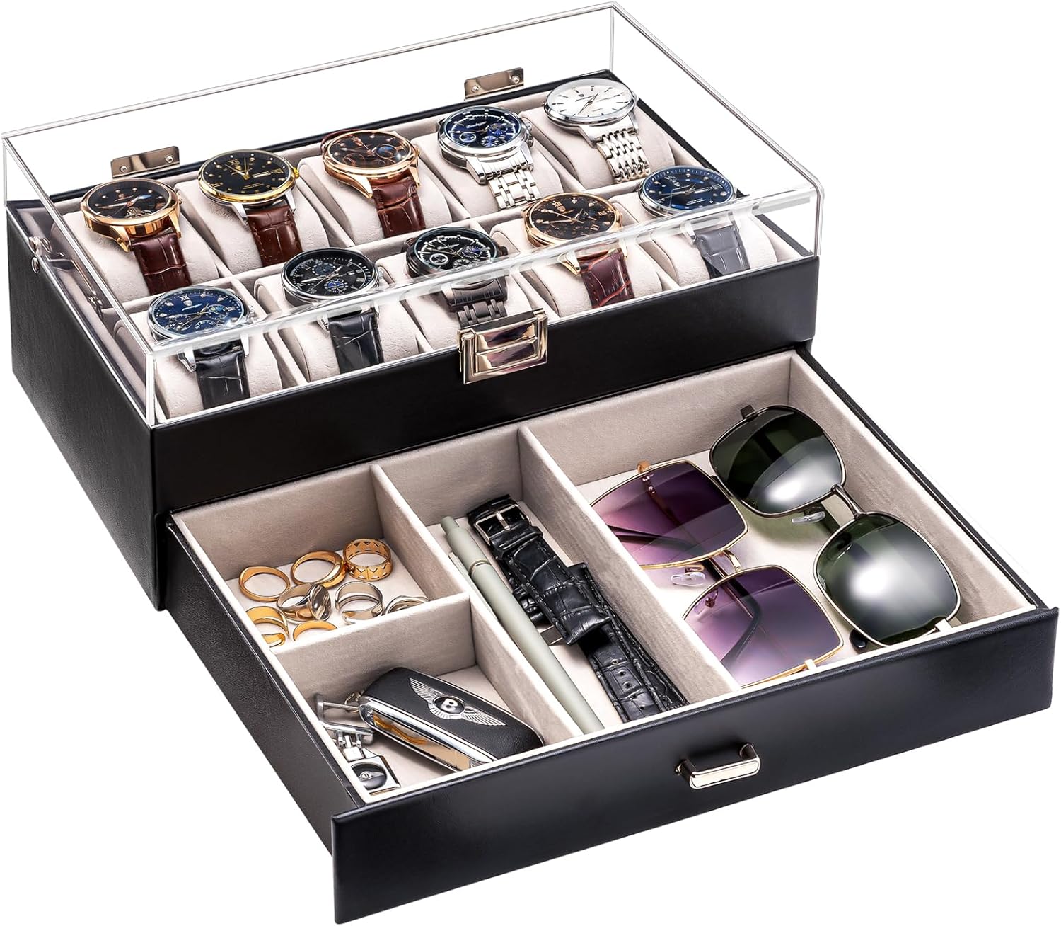 腕時計ケース PU製 10本用 ウオッチコレクションケース 男性 収納ボックス ガラス蓋 ディスプレイケース プレゼント(2)