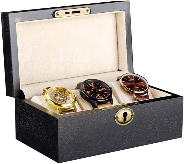腕時計ボックス ブラックウッドウォッチボックス 腕時計3本収納可能 モダンな木製表面ウォッチボックス..