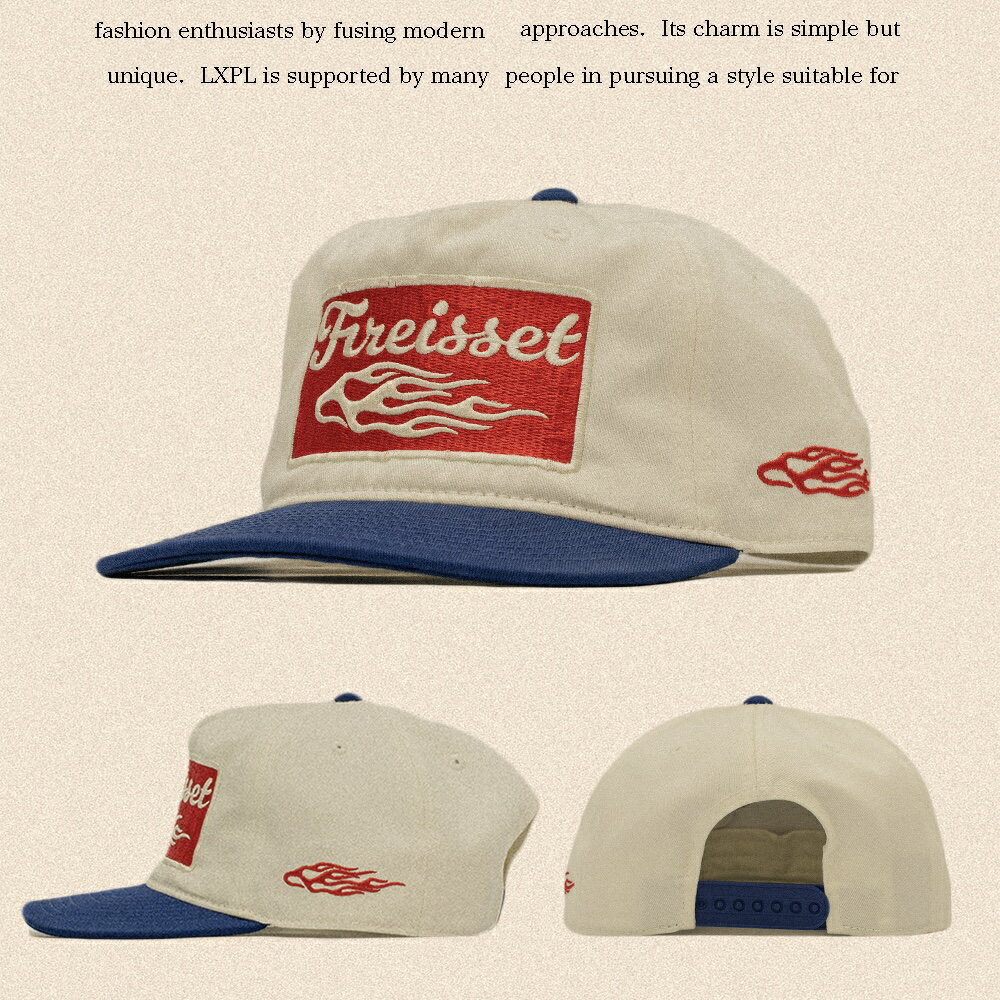 クラシックなアメリカンムードが漂うトラッカーキャップ。 ナチュラルボディにロイヤルブルーのバイザー、そしてフロントにはレッドのフレイムパッチ。 これぞアメカジ好きの心をくすぐる、ど真ん中の配色バランス。 ガスステーション、ホットロッド、そし...