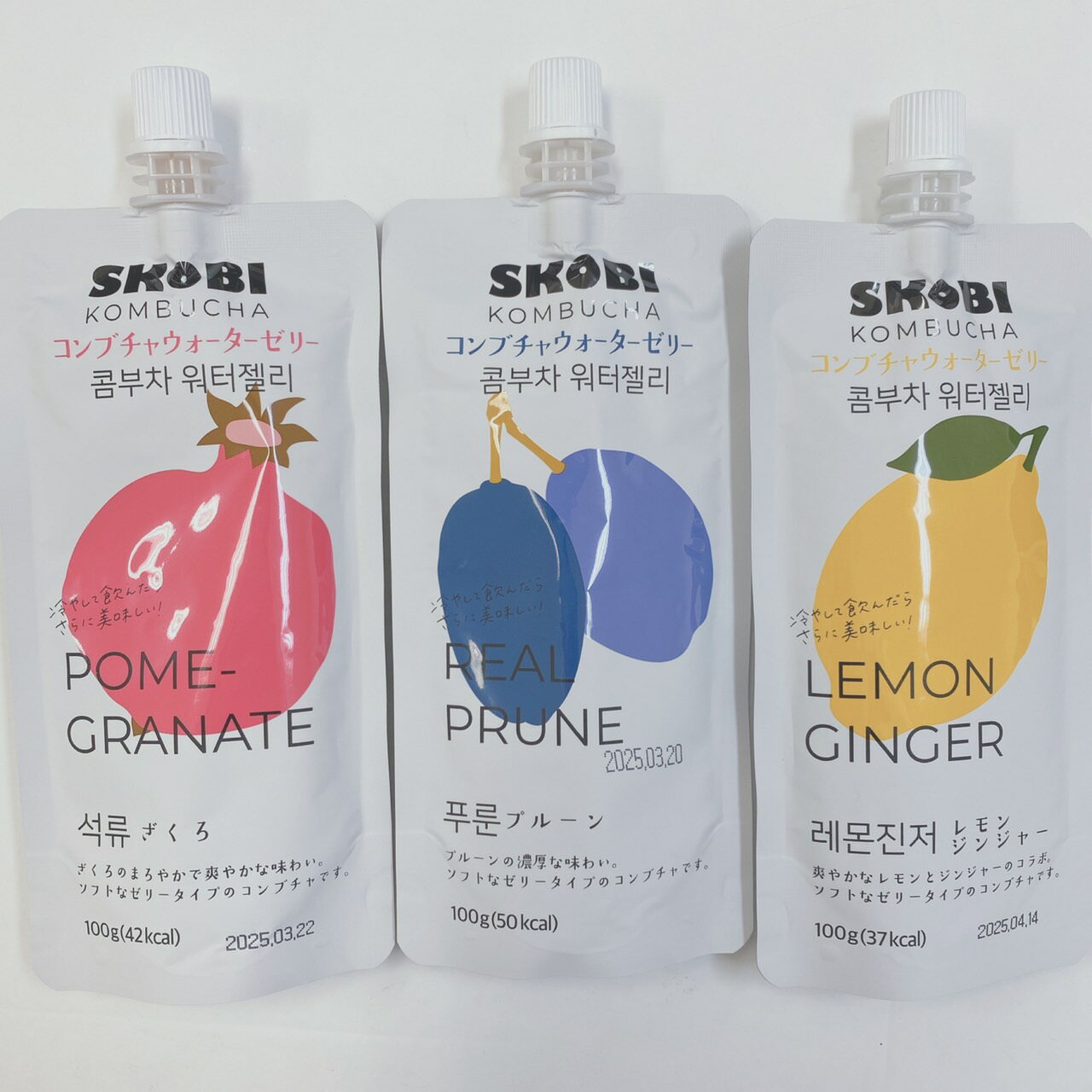 SKOBI　コンブチャウォーターゼリー100g×3個セット（ざくろ味＋プルーン味＋レモンジンジャー味）　KOMBUCHA　ゼリー飲料　韓国商品　韓国食品　コラーゲン　冷やしておいしい