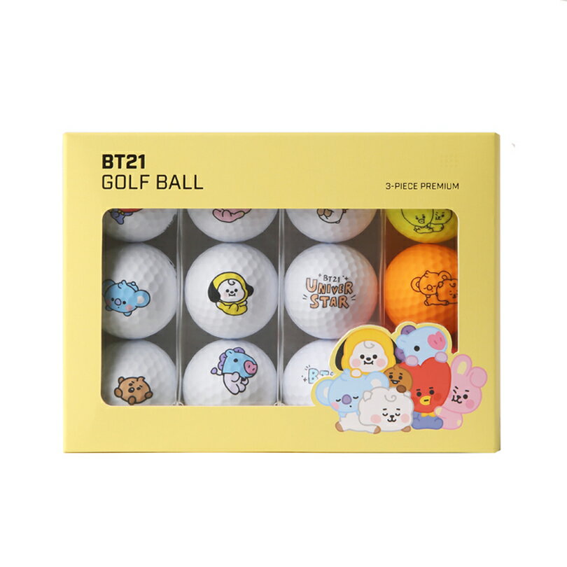 BT21ゴルフアイテム日本初上陸！ リンクス ゴルフは [LINE FRIENDS BT21 GOLF」 の日本正規代理店です。 セット内容：1ダース（12球入り） ボールスペック ・内層 内側の層でサイドスピンを軽減します。 ・高反発コアの特徴 ロングディスタンス、精密な軌道、強力なバックスピン ボールの重心（バランス）がとれている為方向の制御が効きやすい 高密度なポリブタジエンコアで最高の性能を実現 UVコーティングにより太陽光での色変化を防ぐ 強い衝撃でも剝がれにくいプリント 構造：3ピース　 カバー：サーリン　カバー ディンプル数：332