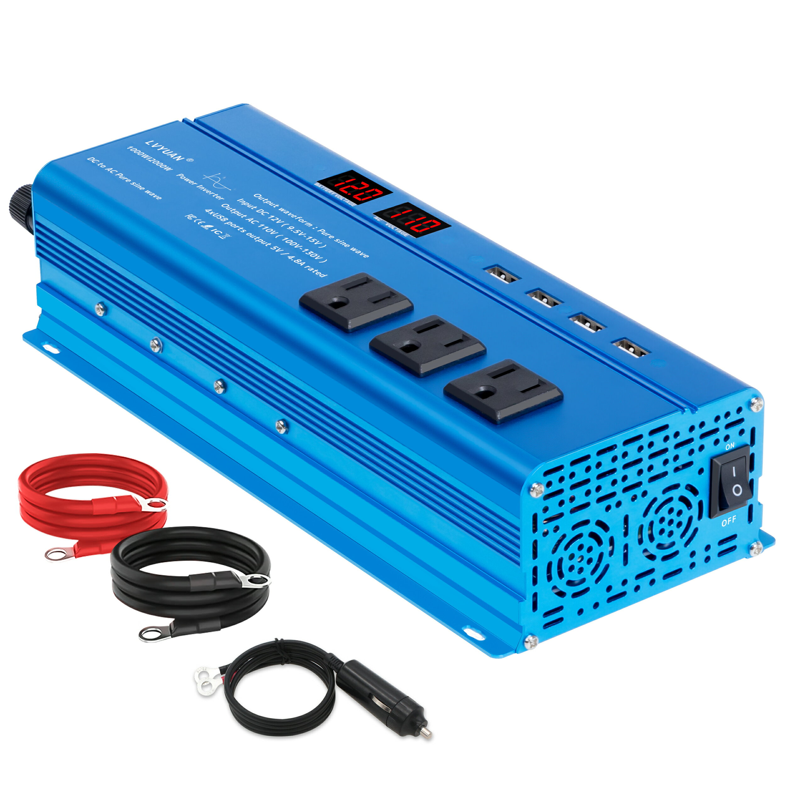 【15%OFF！】インバーター 正弦波 12V 1000W 最大 2000W DC 12V（直流） AC100V（交流） 変換 AC コンセント×3、USBソケット×4 カーインバーター太陽光発電 災害対策 地震 自動車 船 キッチンカー キャンピングカー 用品 キャンプ アウトドア、緊急時で大活躍 停電の対策！