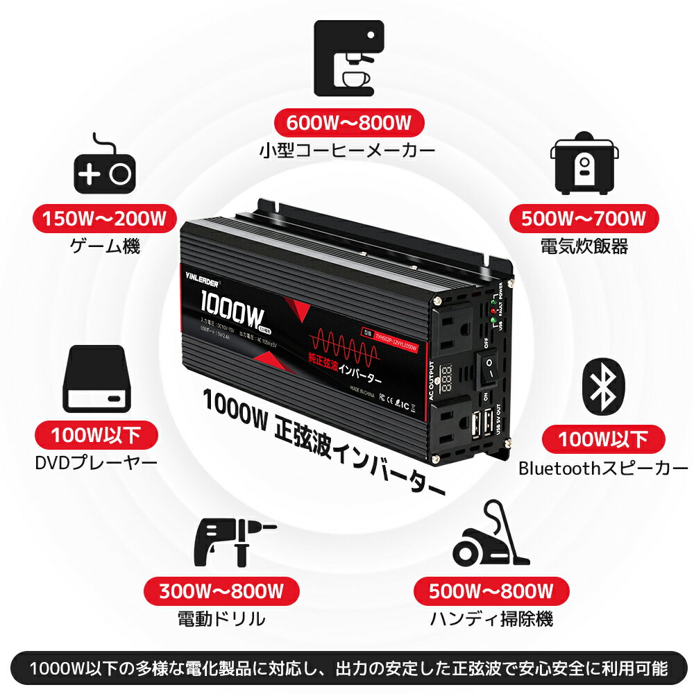 �ڥ����ݥ�Ŭ�Ѥ�7,648�ߡ���Yinleader �½���1000W ����С����� ������ 12v DC12Vľή��AC100V��ή���Ѵ� �ִֽ���2000W �ֺ� ��������С����� AC���󥻥�ȡ�2��USB�ݡ��ȡ�2 �����������åȡ���˸�����å� �Ͽ����� �ȥ�å� ������ �� ������ �ʵ��ݾ�