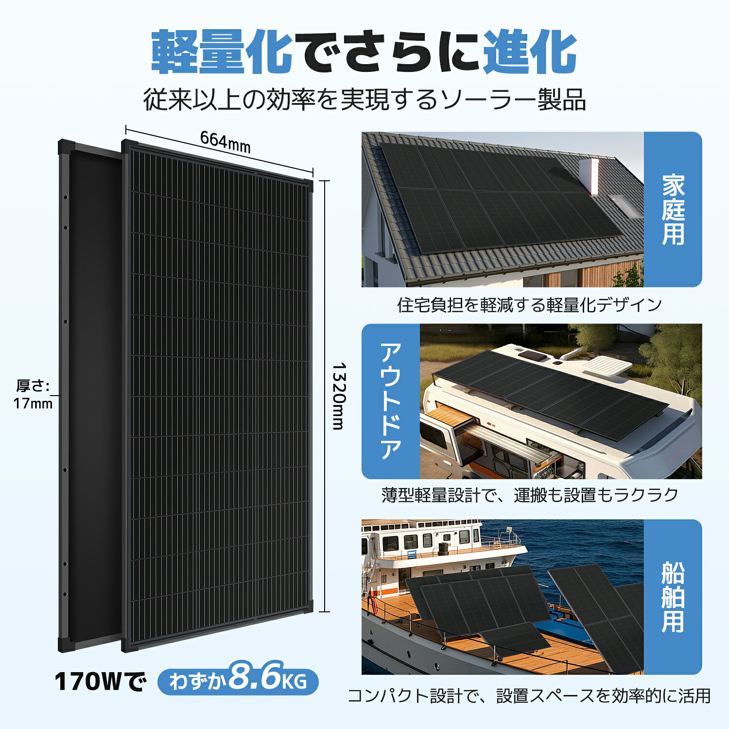 【クーポン適用で4,498円〜】Yinleader 170W ソーラーパネル TUV規格品 PERC 太陽光パネル 次世代モデル 単結晶ソーラーパネル 太陽光チャージ 変換効率22.5% 省エネルギー 屋根 ベランダ 設置 災害対策 MC4プラグ ケーブル長さ 90cm 太さ12AWG TUV規格 IP67防水 lystore-10000281 Yinleader サンプル画像3