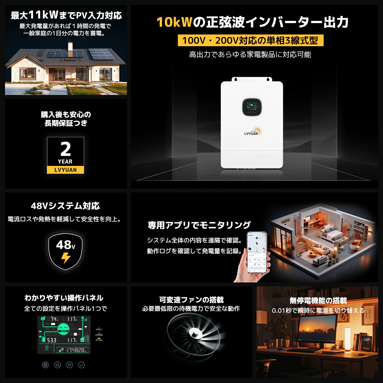LVYUAN（リョクエン）MPPT 10KW 10000W 正弦波 オフグリッド ハイブリッド インバ...