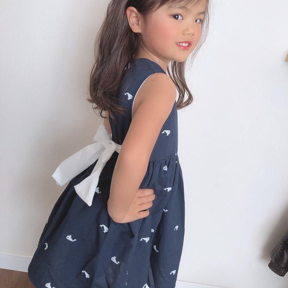 キッズドレス ワンピース 子供 キッズ こども 子ども ネイビー くじら ホエール ドレス リボン