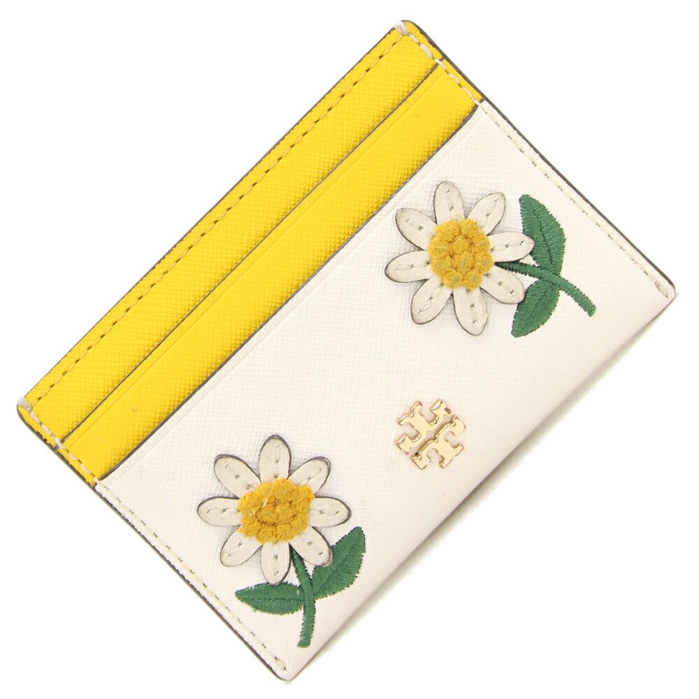 トリーバーチ カードケース 80138 イエロー ホワイト レザー 中古 花 フラワーモチーフ カードホルダー パスケース 定期入れ レディース TORY BURCH