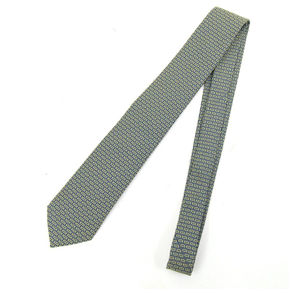 エルメス ネクタイ ヘヴィ シルクタイ7CM オーバーボード 336114T ネイビー イエロー シルク100% 中古 スーツ ビジネス シェーヌダンクル ファッション メンズ HERMES