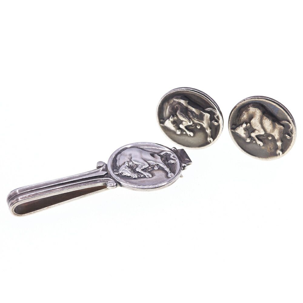 ジョージジェンセン カフス ネクタイピンセット デザインナンバー70、 71 925S 中古 ビジネス スーツ カフリンクス カフスボタン 雄牛 ラウンド メンズ 男性 GEORG JENSEN