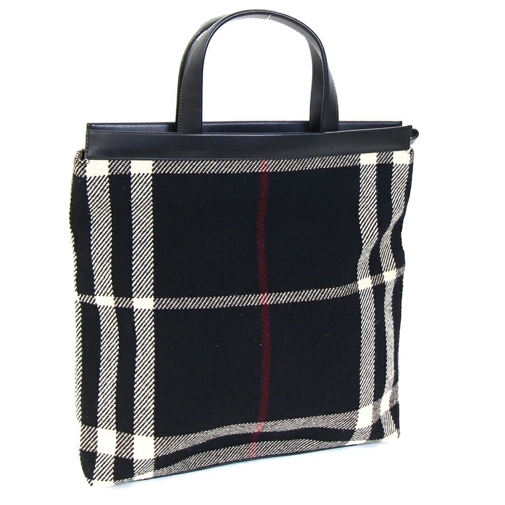 バーバリー ハンドバッグ ブラック アイボリー ウール レザー 中古 メガチェック 縦型トート レディース BURBERRY