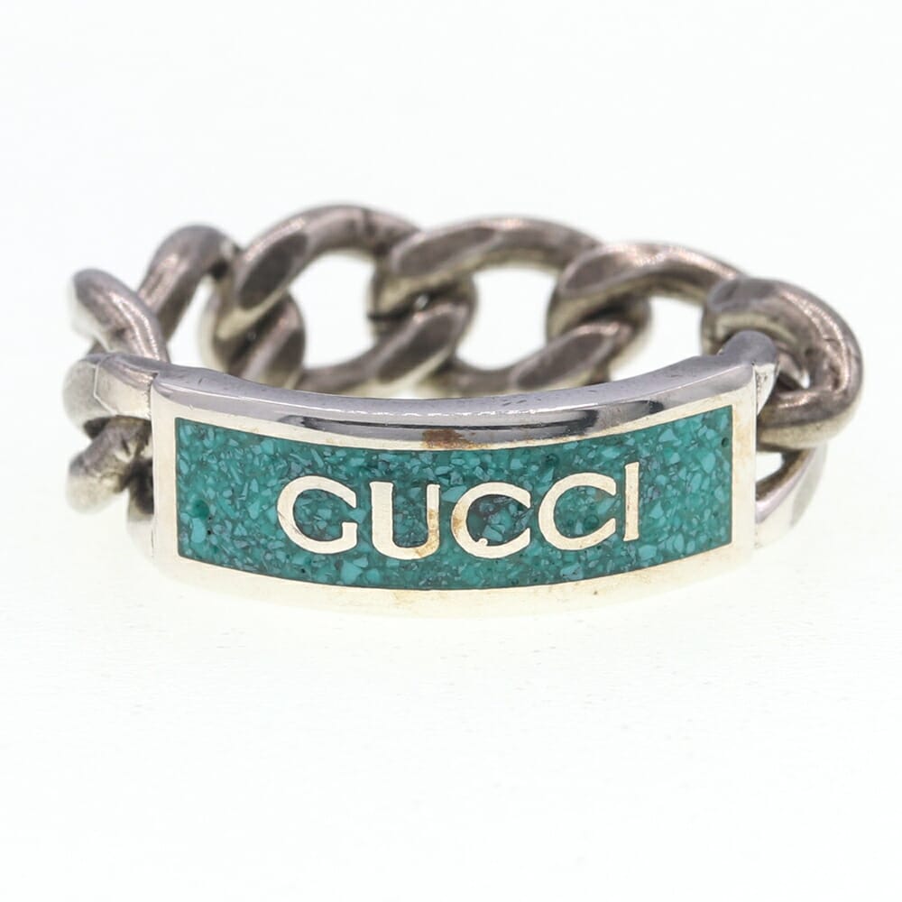 ■グッチ リング ゴルメット チェーンリング 678711 シルバー グリーン SV スターリングシルバー925 サイズ19 中古 指輪 アクセサリー ジュエリ...