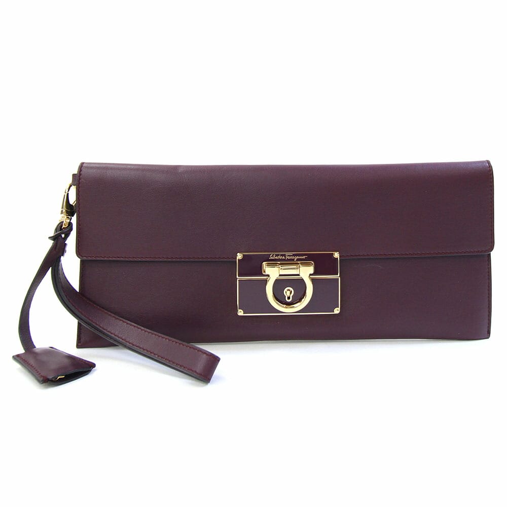 フェラガモ クラッチバッグ ガンチーニ DY21 D734 ダークパープル ゴールド金具 レザー 中古 ハンドバッグ ストラップ付 ロゴ レディース Salvatore Ferragamo