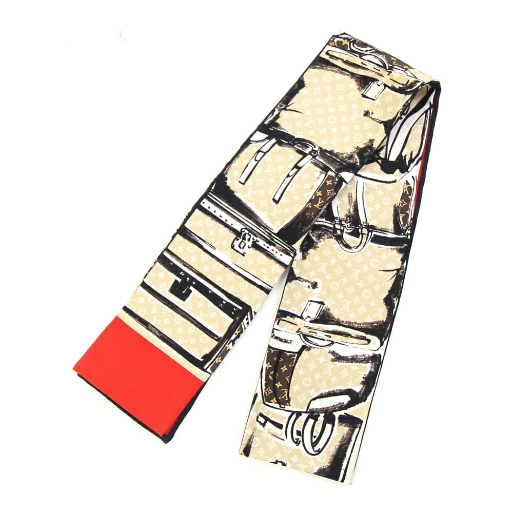 ルイヴィトン スカーフ バンドー トランク M73964 ベージュ レッド シルク100％ 中古 リボンスカーフ ..