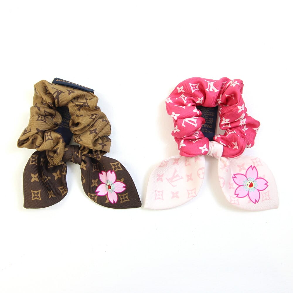 ルイヴィトン シュシュ セット シュシュ チェリーブロッサム M96067 サクラブラウン ピンク シルク100% 中古LV×TM 村上隆 ヘアアクセサリー ヘ...