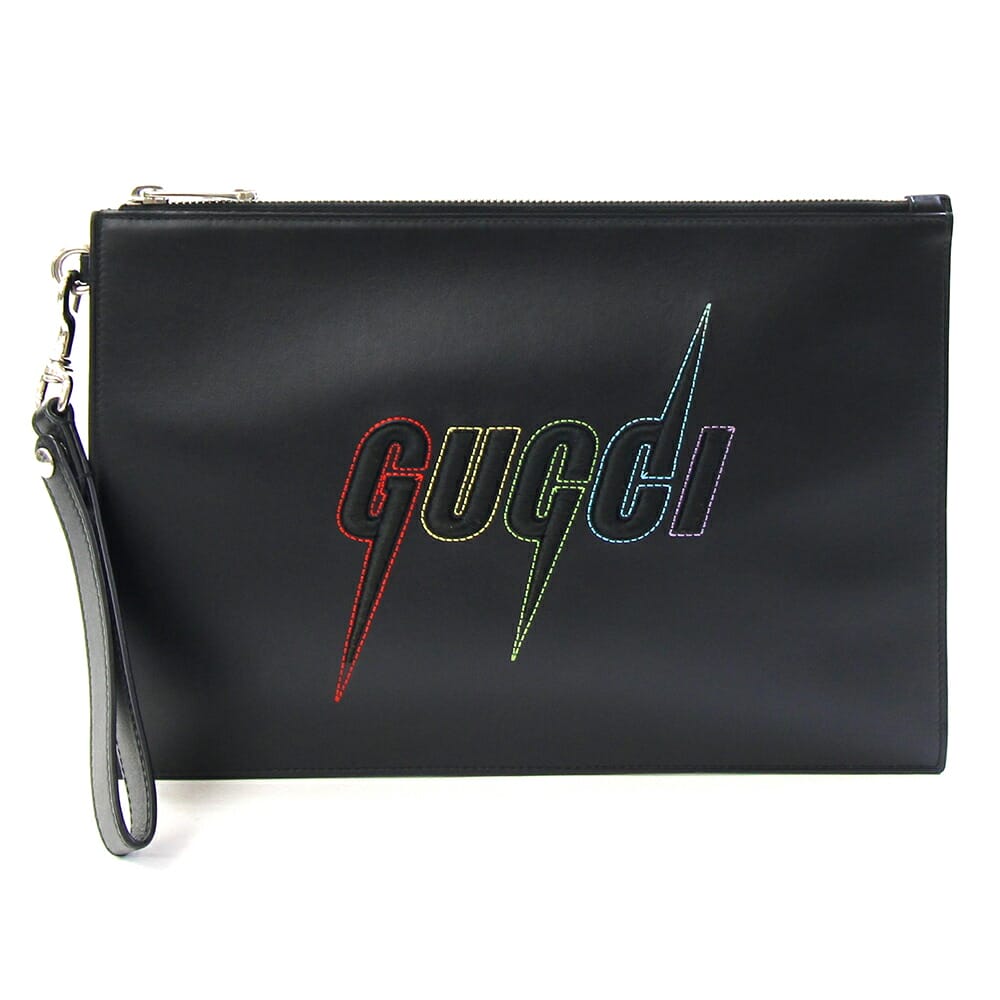グッチ クラッチバッグ 597678 ブラック レザー 中古 セカンドバッグ フラットポーチ ロゴ ストラップ付 メンズ GUCCI